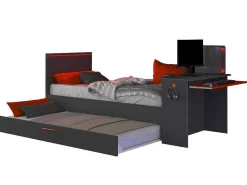 Uitschuifbed 2 X 90 X 200 Cm - Met Bureau - Ledverlichting - Antraciet En Rood - Vouani-Vente-unique Best