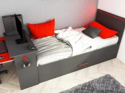 Uitschuifbed 2 X 90 X 200 Cm - Met Bureau - Ledverlichting - Antraciet En Rood - Vouani-Vente-unique Best