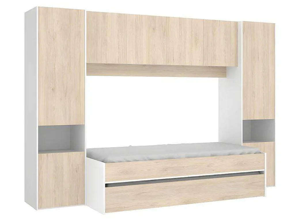 Uitschuifbed Met Ingebouwde Kasten Selena - 90 X 190Cm - Eiken & Wit + Matras-Vente-unique
