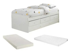 Uitschuifbed Titouan Met 3 Lades - Mdf En Dennenhout - Wit + Matras-Vente-unique Discount