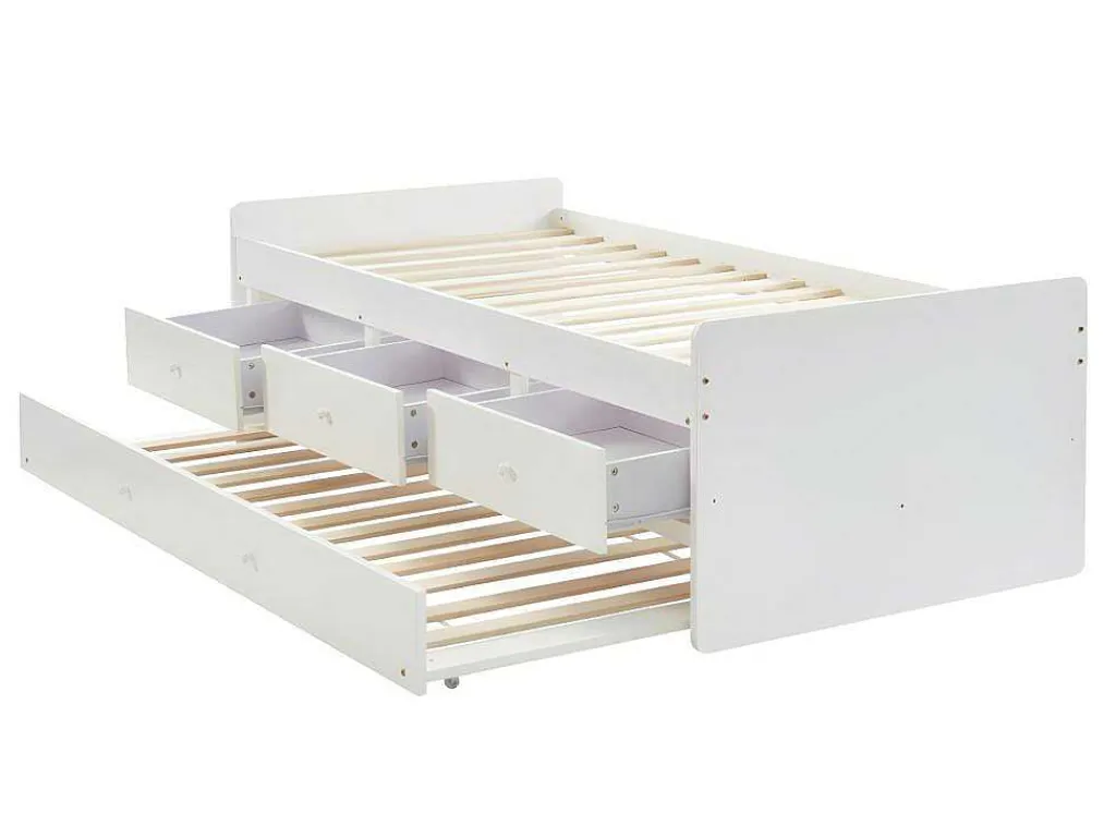 Uitschuifbed Titouan Met 3 Lades - Mdf En Dennenhout - Wit + Matras-Vente-unique Discount