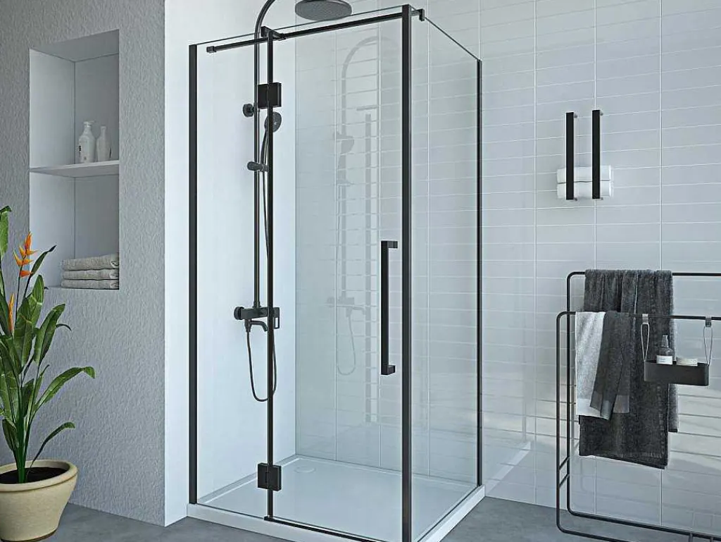 Vast Douchescherm Met Matzwarte Taatsdeur In Industriele Stijl - 80 X 100 X 190 Cm - Princeton-Shower & Design New