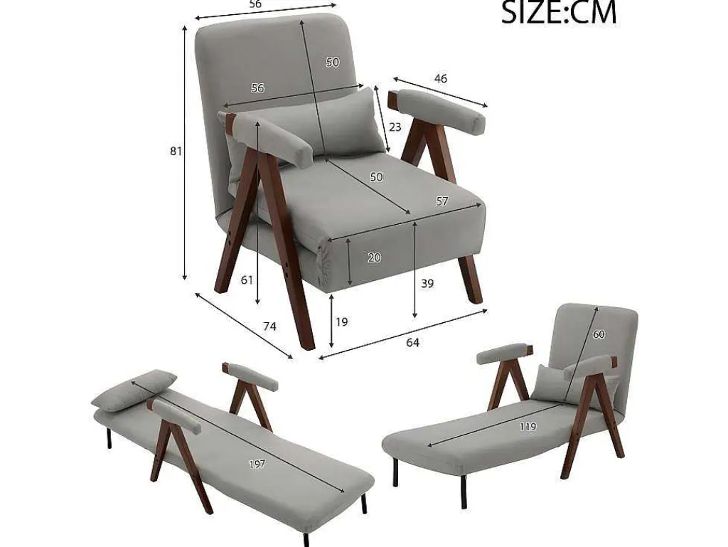 Verstelbare Converteerbare Gewatteerde Fauteuil Van Katoenen Stof - Grijs-ModernLuxe New