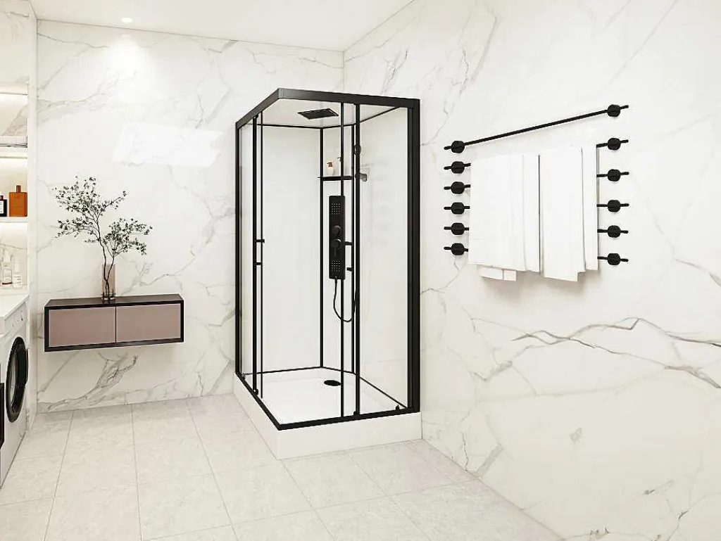 Vierkante Douchecabine Met Massagestralen Matzwart En Wit L90 X B90 X H215 Cm Tanito-Shower & Design Hot