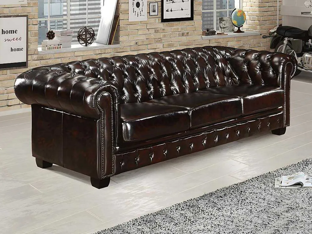 Vierzitsbank Chesterfield Brenton 100% Buffelleer - Bruin Tinten-LINEA SOFA