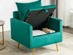 Vipi Fauteuil In Fluwelen Stof Met Opbergruimte En Kussen - Poten Van Goudkleurig Metaal - Groen-ModernLuxe Best