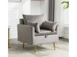 Vipi Fauteuil In Fluwelen Stof Met Opbergruimte En Kussen - Poten Van Goudkleurig Metaal - Grijs-ModernLuxe Sale