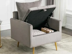 Vipi Fauteuil In Fluwelen Stof Met Opbergruimte En Kussen - Poten Van Goudkleurig Metaal - Grijs-ModernLuxe Sale