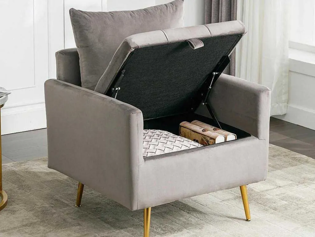 Vipi Fauteuil In Fluwelen Stof Met Opbergruimte En Kussen - Poten Van Goudkleurig Metaal - Grijs-ModernLuxe Sale