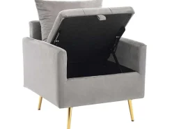 Vipi Fauteuil In Fluwelen Stof Met Opbergruimte En Kussen - Poten Van Goudkleurig Metaal - Grijs-ModernLuxe Sale