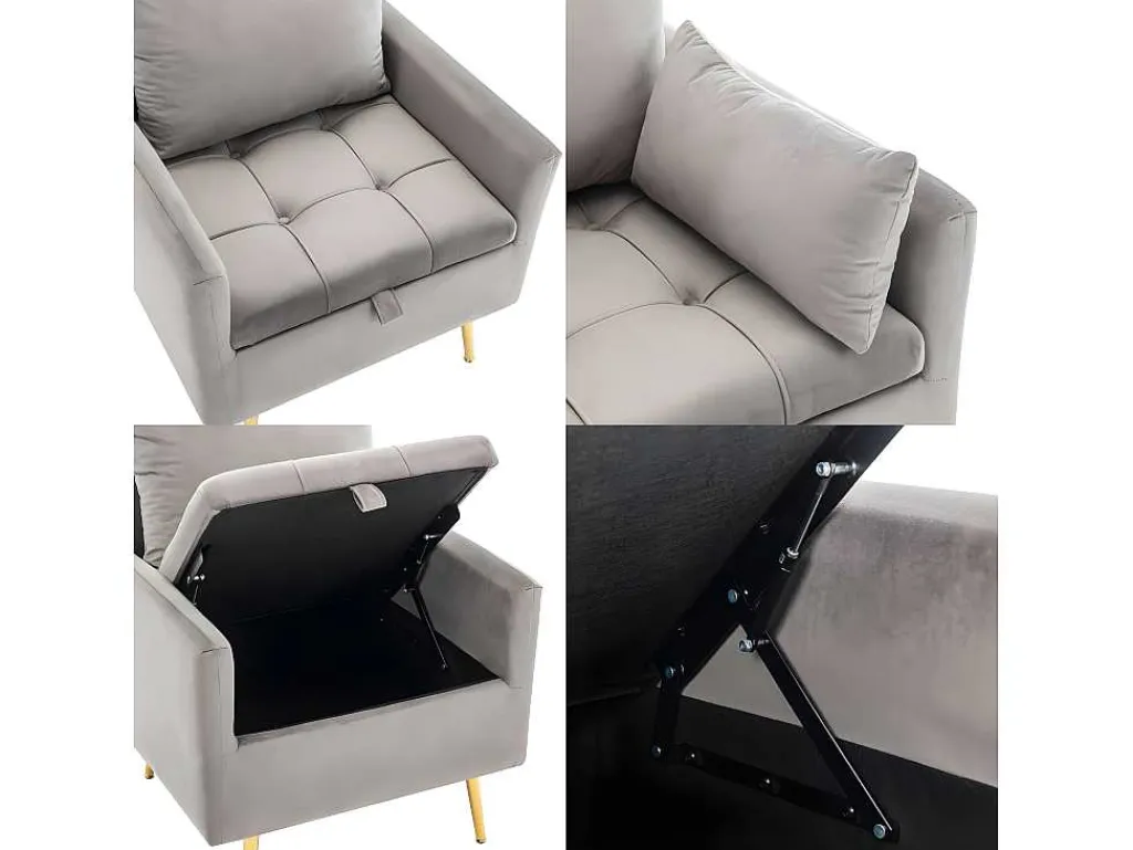 Vipi Fauteuil In Fluwelen Stof Met Opbergruimte En Kussen - Poten Van Goudkleurig Metaal - Grijs-ModernLuxe Sale