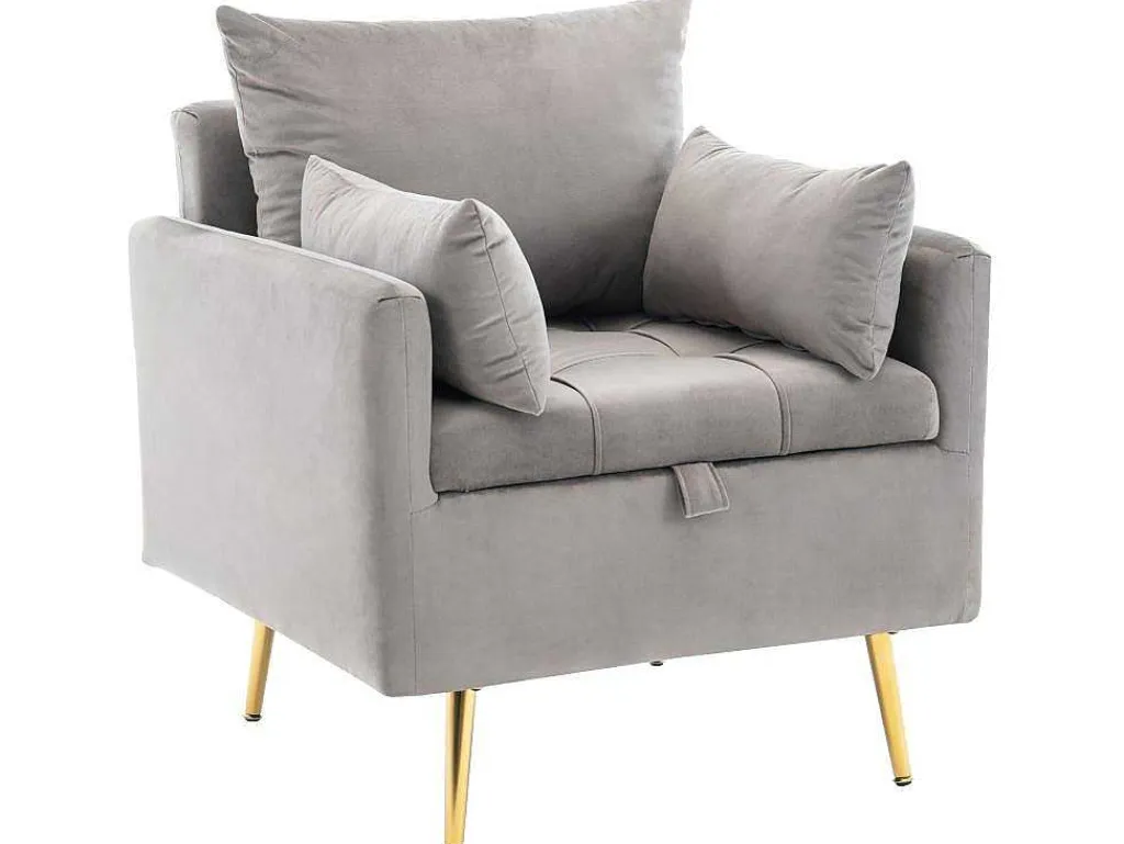 Vipi Fauteuil In Fluwelen Stof Met Opbergruimte En Kussen - Poten Van Goudkleurig Metaal - Grijs-ModernLuxe Sale