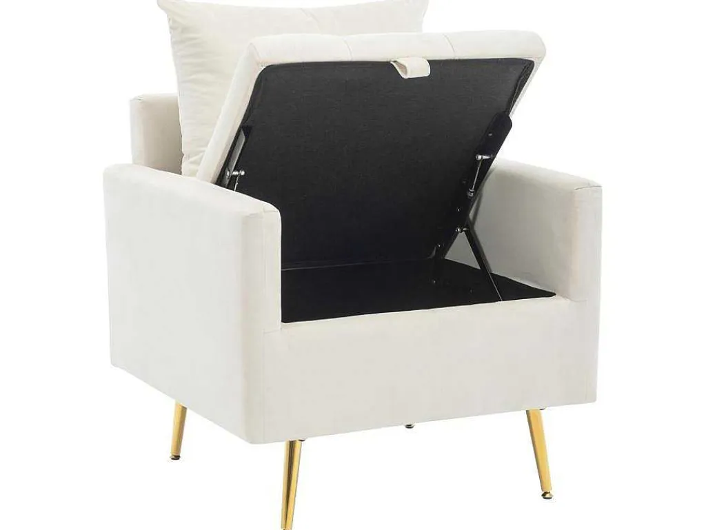 Vipi Fauteuil In Fluwelen Stof Met Opbergruimte En Kussen - Poten Van Goudkleurig Metaal - Wit-ModernLuxe