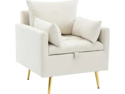 Vipi Fauteuil In Fluwelen Stof Met Opbergruimte En Kussen - Poten Van Goudkleurig Metaal - Wit-ModernLuxe