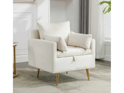 Vipi Fauteuil In Fluwelen Stof Met Opbergruimte En Kussen - Poten Van Goudkleurig Metaal - Wit-ModernLuxe