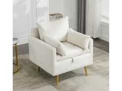 Vipi Fauteuil In Fluwelen Stof Met Opbergruimte En Kussen - Poten Van Goudkleurig Metaal - Wit-ModernLuxe