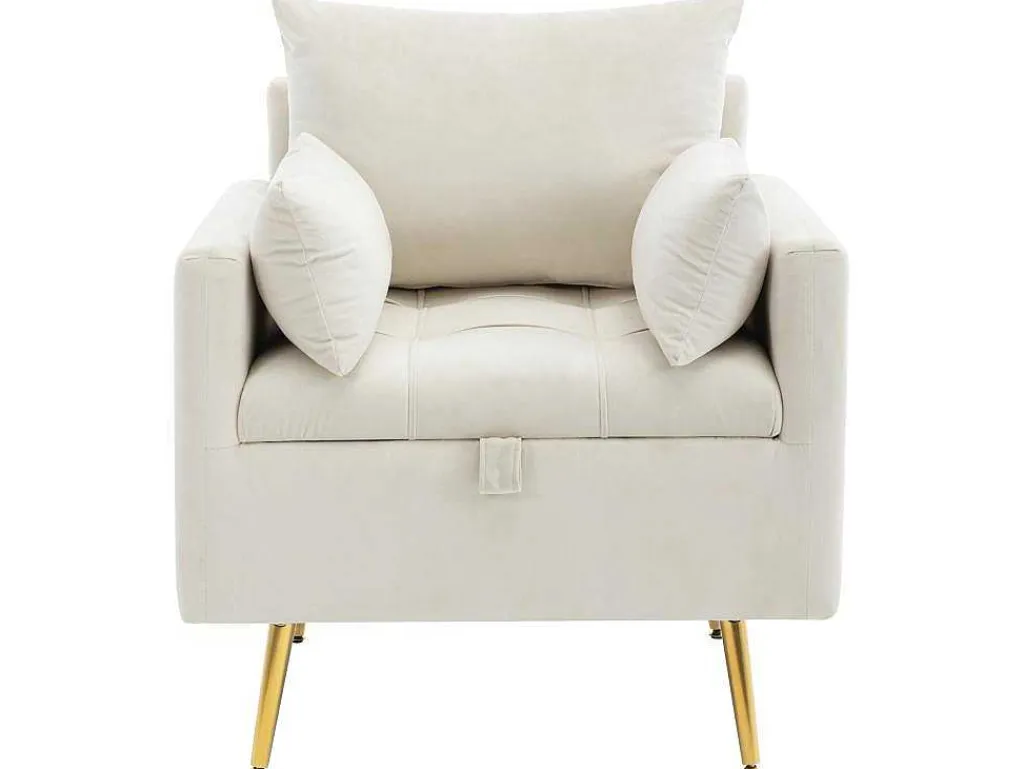 Vipi Fauteuil In Fluwelen Stof Met Opbergruimte En Kussen - Poten Van Goudkleurig Metaal - Wit-ModernLuxe