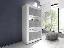 Vitrinekast Comete - Met Ledverlichting - Vier Deuren - Wit Gelakt En Beton-Vente-unique Clearance