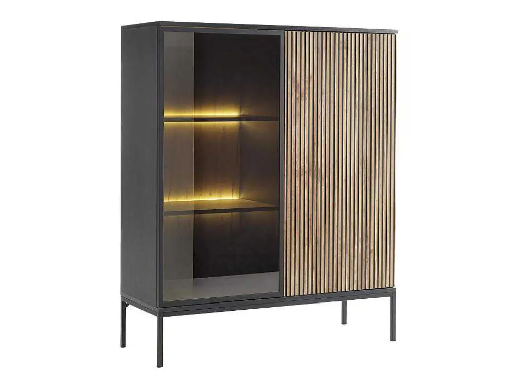Vitrinekast Met 2 Deurtjes Met Ledverlichting Van Mdf En Gerookt Glas - Zwart En Naturel - Ovila-Vente-unique Online