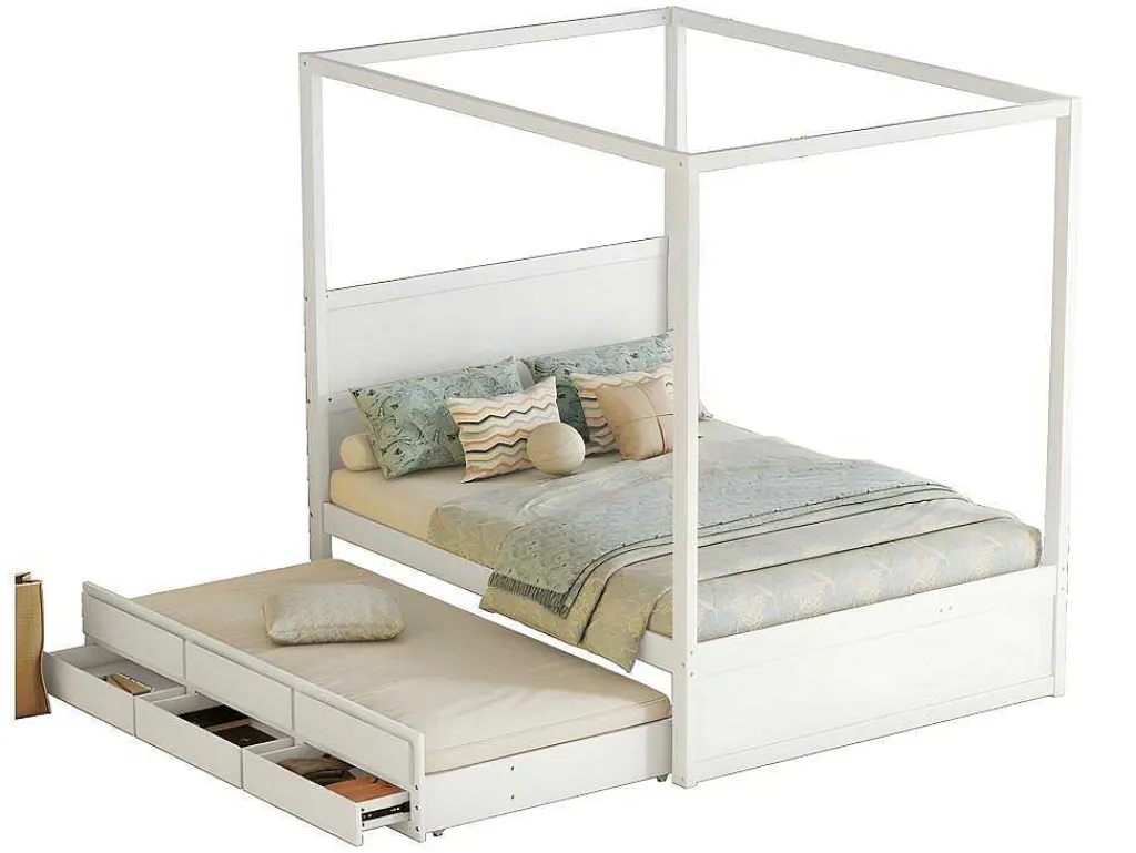 Volwassen Bed 140X200Cm - Hemelbed Met Onderschuifbed En 3 Lades - Wit-ModernLuxe Best