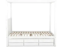 Volwassen Bed 140X200Cm - Hemelbed Met Onderschuifbed En 3 Lades - Wit-ModernLuxe Best