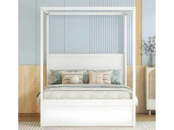 Volwassen Bed 140X200Cm - Hemelbed Met Onderschuifbed En 3 Lades - Wit-ModernLuxe Best