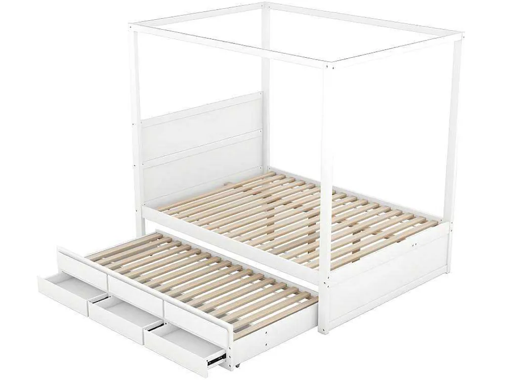 Volwassen Bed 140X200Cm - Hemelbed Met Onderschuifbed En 3 Lades - Wit-ModernLuxe Best