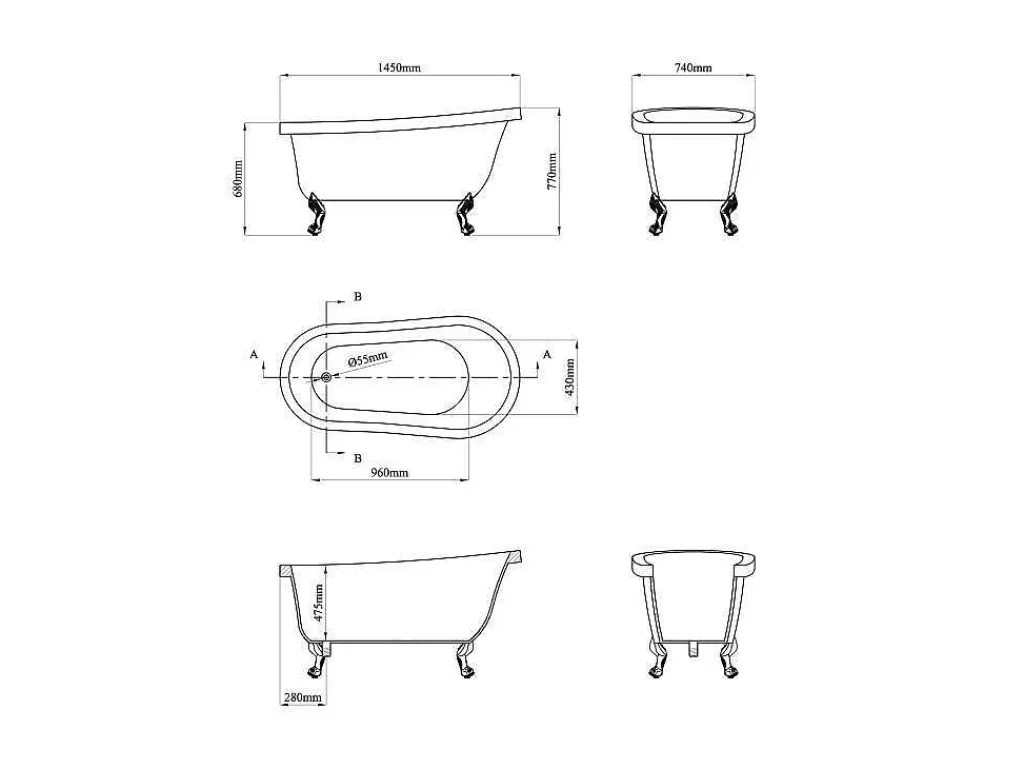 Vrijstaand Retrobad Met Gouden Leeuwenpoten - 200 L - 145 X 74 X 77 Cm - Wit - Nisos Ii-Shower & Design New