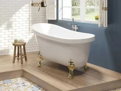 Vrijstaand Retrobad Met Gouden Leeuwenpoten - 200 L - 145 X 74 X 77 Cm - Wit - Nisos Ii-Shower & Design New