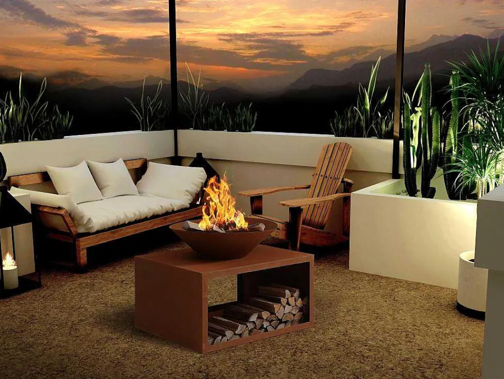 Vuurkorf Van Staal Corten Met Bergruimte Voor Hout - L90 X H67,5 X D75 Cm - Bezio-Vente-unique Hot