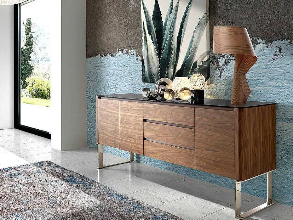 Walnoot Dressoir Met Zwart Glazen Blad 3060-Angel Cerda Hot