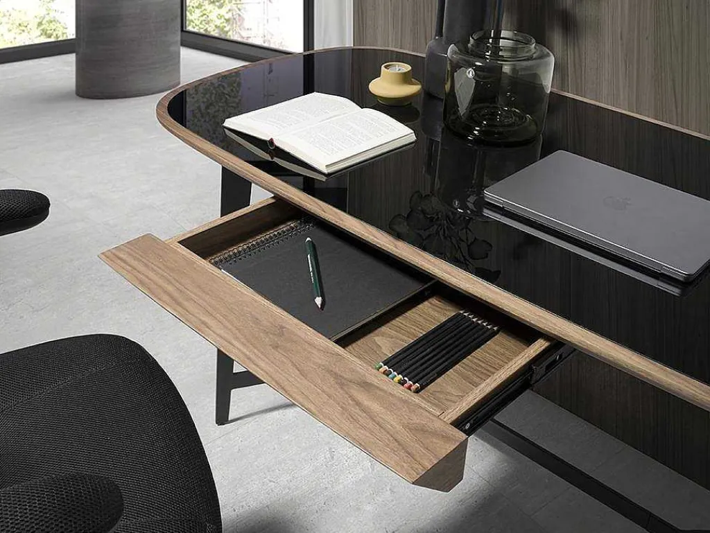 Walnoot En Zwart Getint Glazen Bureau 3137-Angel Cerda Discount
