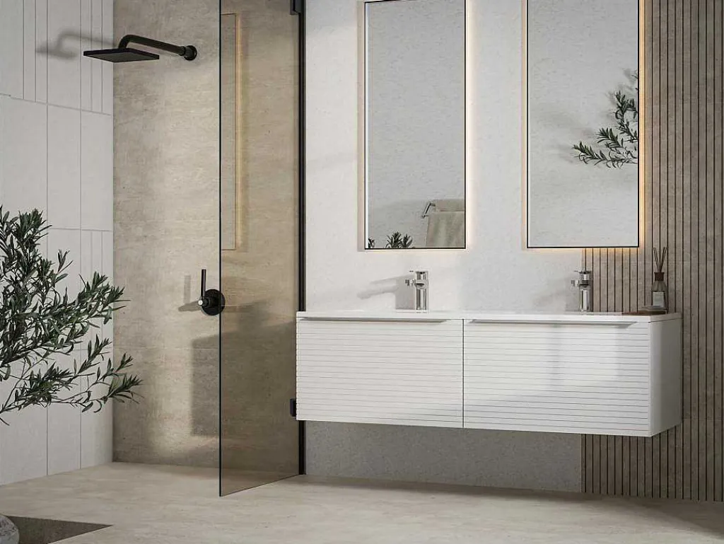 Wit Hangmeubel Voor Badkamer Met Groeven Met Dubbele Inbouwwastafel - 120 Cm - Latoma-Vente-unique
