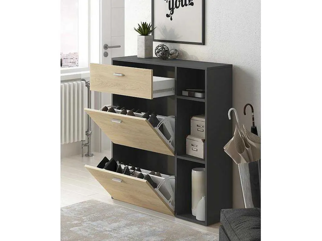 Zapatero Furniture, Windmodel, 90X26X101.5Cm, Tegroep Hall En Hall, Grijs En Eiken, Moderne Stijl-Skraut Home Best