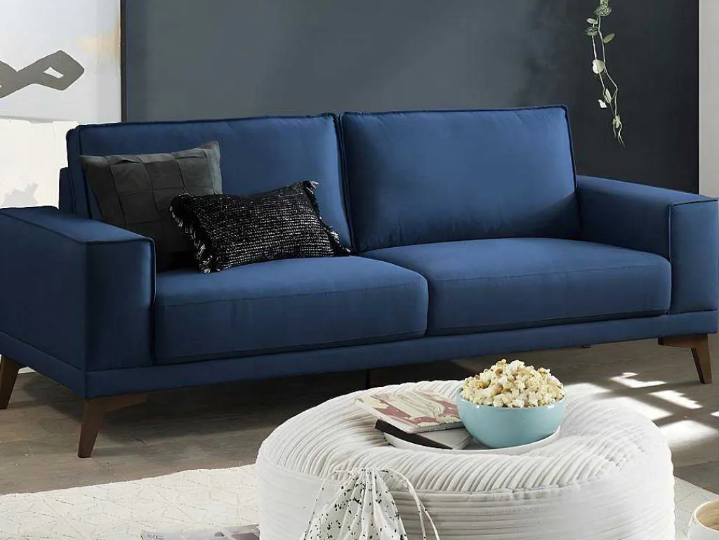 Zitbank 3 Plaatsen In Donkerblauwe Stof Met Houten Poten Mossea-Vente-unique Discount