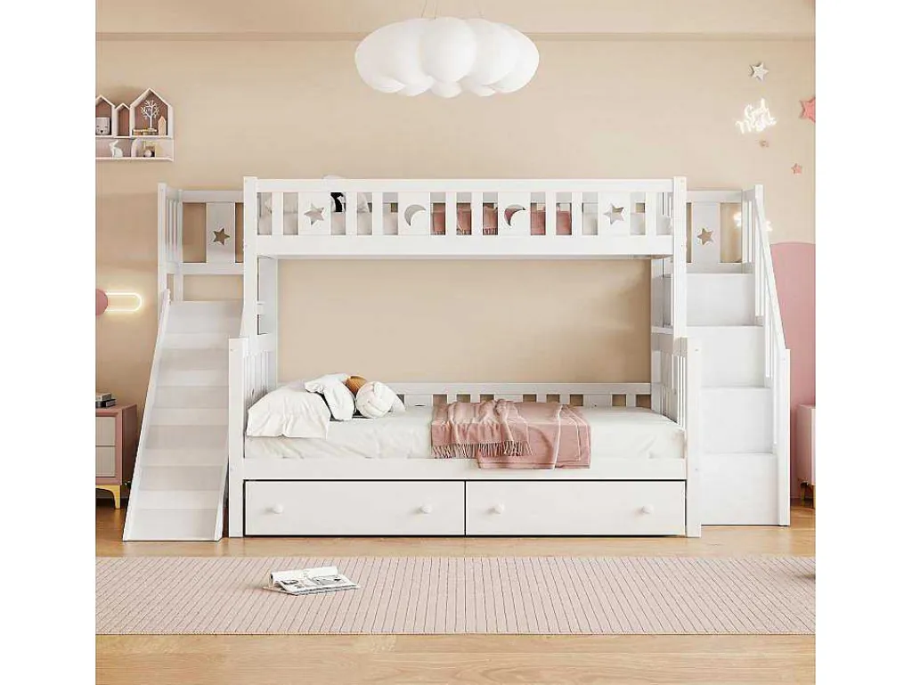 2-Zits Stapelbed Met Glijbaan En Planken - 90 X 200 Cm + 140 X 200 Cm - Wit - Anthony-Vente-unique