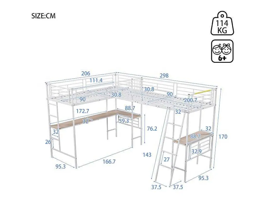 2-Zits Tussenbed - 2 X 90 X 200 Cm - Met Hoekbureau En Ladders - Metaal - Wit-Vente-unique Hot