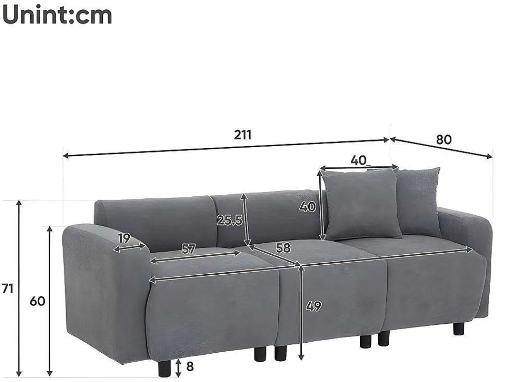 3-Zitsbank In Chenille-Stof Met 2 Kussens - Slaaphoogte 211 Cm - Grijs-ModernLuxe Clearance