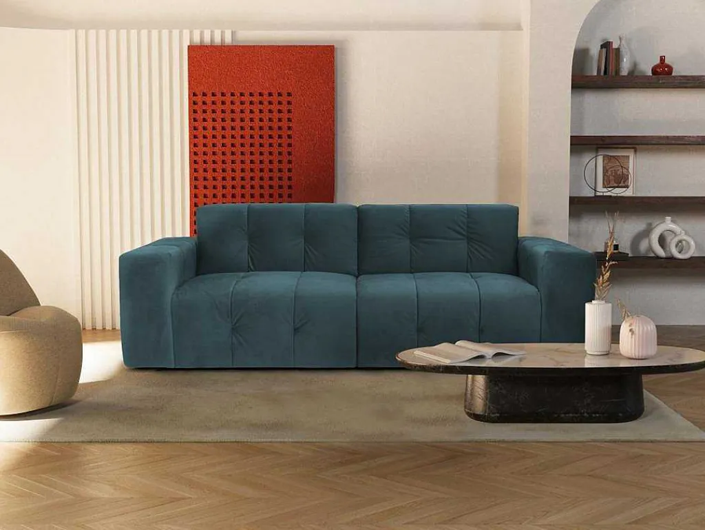 3-Zitsbank Van Eendenblauw Fluweel Inirida-Vente-unique