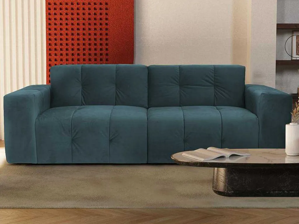 3-Zitsbank Van Eendenblauw Fluweel Inirida-Vente-unique