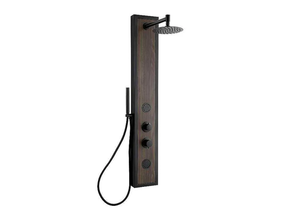 Zwarte Douchekolom Met Massagestralen Met Houten Decoratie - H127 X L48,5 Cm - Ubala-Shower & Design Hot
