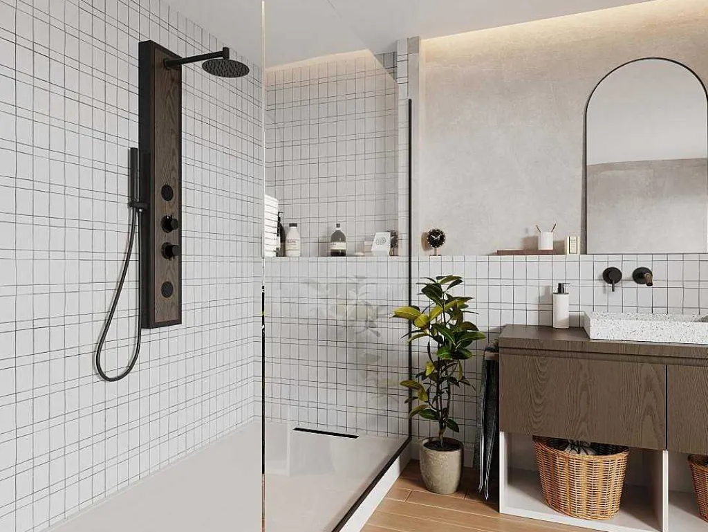 Zwarte Douchekolom Met Massagestralen Met Houten Decoratie - H127 X L48,5 Cm - Ubala-Shower & Design Hot