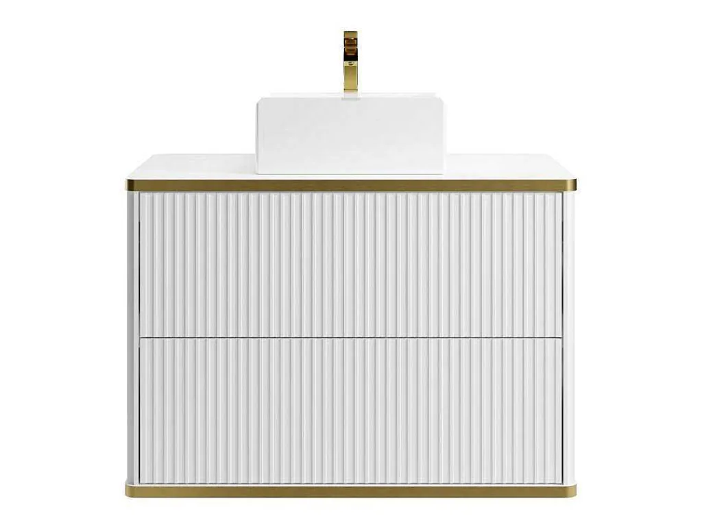Zwevend, Geribbeld Badkamermeubel Met Goudkleurige Randen En Opzetwastafel - Wit - 80 Cm - Keliza-Vente-unique Online