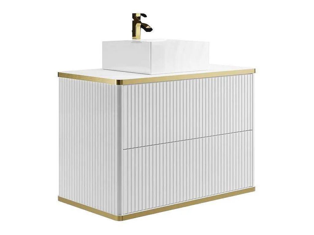 Zwevend, Geribbeld Badkamermeubel Met Goudkleurige Randen En Opzetwastafel - Wit - 80 Cm - Keliza-Vente-unique Online