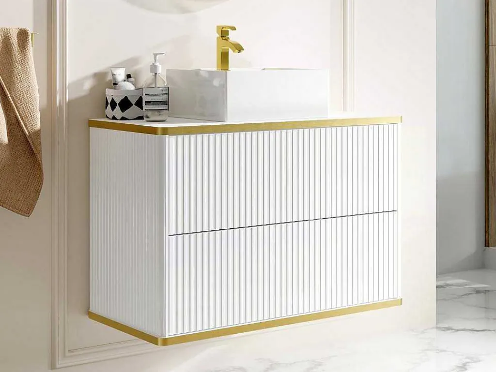 Zwevend, Geribbeld Badkamermeubel Met Goudkleurige Randen En Opzetwastafel - Wit - 80 Cm - Keliza-Vente-unique Online