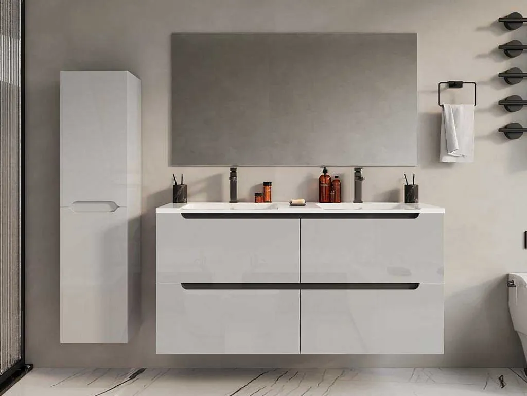 Zwevend Wastafelmeubel Met Dubbel Inbouwbekken En Kast - Wit - 120 Cm - Selita-Vente-unique Discount